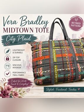 Vera Bradley Midtown Tote City Plaid Performance Twill Zip Shoulder Bag EUC